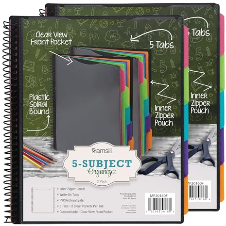 Samsill Spiralordner (2er-Pack) – 5 Trennblätter und 10 Taschen mit Reißverschlusstasche, farblich abgestimmter Ordner mit anpassbaren Registern, Dokumenten-Organizer (modisch)