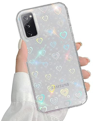 QUESPLE Kompatibel mit Samsung Galaxy S20 FE Hülle Transparent Glitzer Herz Muster für Frauen Mädchen Mode Weiche Langlebige Schlanke TPU Handyhülle, Hart PC Rückseite Kratzfest