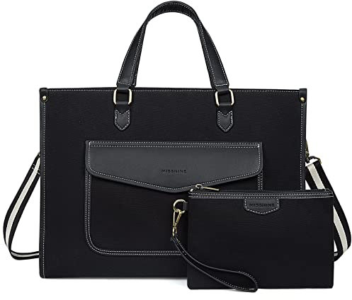 Missnine Laptoptasche 15,6 Zoll Handtasche Damen Business Arbeitstasche Shopper Groß mit Clutch Geldbörse 2er Set Lehrertasche Aktentasche Für Büro Uni Schwarz