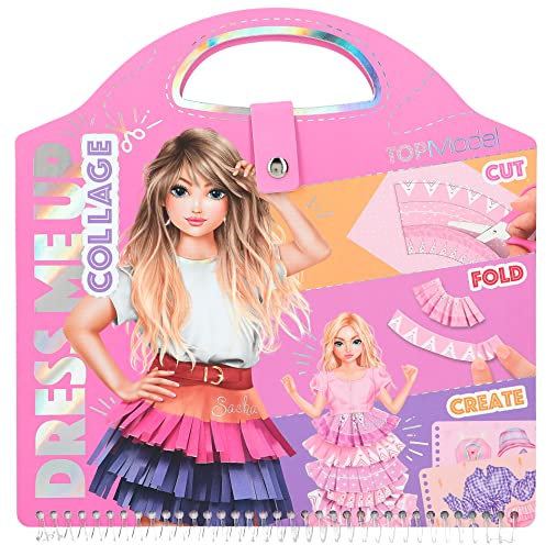Depesche 12379 TOPModel Dress Me Up Collage Book - Malbuch mit 20 Seiten zum Designen von Outfits, Spiralbuch mit vorgedruckten Models, Stoffmustern und Stickern