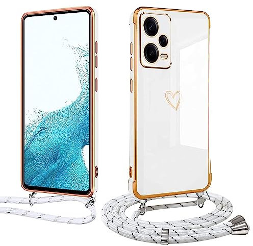 Meeter Coque de Collier pour Xiaomi Redmi Note 12 5G, Etui avec Cordon en TPU Silicone Souple Flexible Antichoc Anti-Rayures Case Cover, Motif Coeur Housse de Protection,Blanc