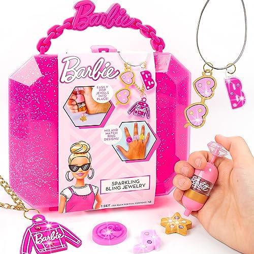 Barbie Glitzerndes Schmuckherstellungs-Set, Aufbewahrungsbox, Ringherstellungs-Set, Charm-Armband-Bastel-Set für Mädchen, Kunst und Handwerk, Spielzeug für Mädchen ab 6 Jahren