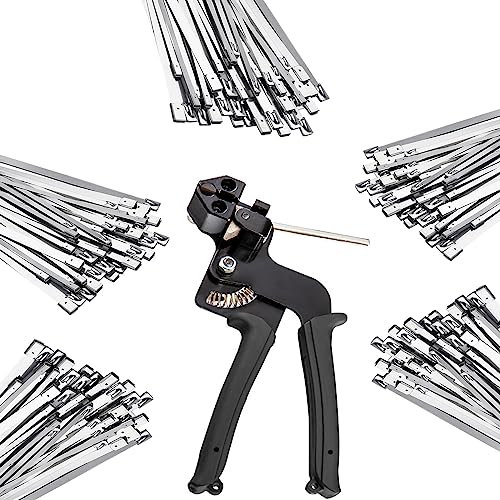 500PCS Metal Tie Wrap Gun Kit, Stainless Steel Cable Tie Gun Adjustable Tensioning Cutter Cable Tool with 500pcs 304 Self-Locking Stainless Steel Cable Ties of Sizes 4.6x300mm