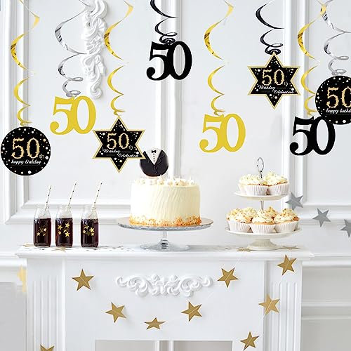 50th Birthday Decorations 50th Birthday Party Hanging Swirls Streamers 22pcs Black Gold Birthday Decorations Birthday Streamers Ceiling Decorations Shiny Foil Swirls for Birthday Anniversary Party
