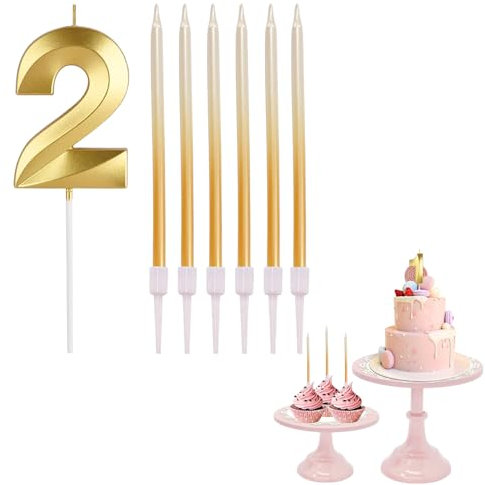2nd Birthday Candle Gold Number 2 Candle for Birthday Cake with Gold Long Candles, Gold 2 Candle for Cake Birthday Cake Topper Decorations for Girls Boys Birthday Wedding Anniversary Party