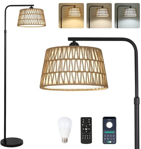 Lampadaire en rotin à intensité variable avec télécommande et ampoule LED, contrôle par application, Lampadaire boho avec abat-jour en rotin & lin, Lampadaire vintage pour salon, chambre à coucher.
