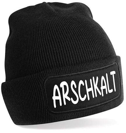 Beanie Strickmütze mit Spruch | Arschkalt | schwarz | Unisex SoftTouch angenehm weiche und warme Wintermütze | OneSize Einheitsgröße für Erwachsene