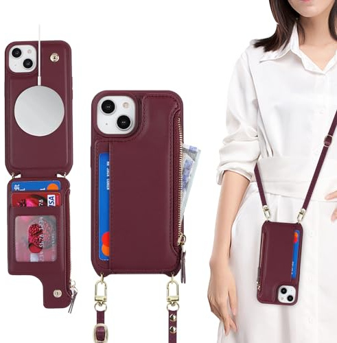 SailorTech for iPhone 14 Case with Credit Card Holder magsafe, iPhone 14 Phone Leather Case Wallet for Men Crossbody with mag safe Zipper Shockproof Case for Women - Burgundy