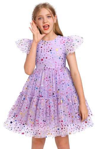 Odizli Vestito estivo da bambina con glitter arcobaleno a stella, linea ad A, abito in tulle, per cerimonie nuziali, abito corto, Lilla, 4-5 Anni