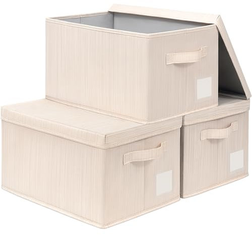 TIMEYARD Storage Baskets, Large Storage Boxes with Lids, Wardrobe Storage Organiser, Foldable Storage Containers with Label Holder, Fabric Storage Bins for Home and Office, Beige, 3-Pack