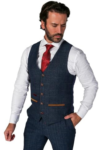 SIRRI Men’s Formal Tweed Herringbone Navy Sold Separately Suit Waistcoat, Wedding Business Tailored Fit Set Chest 48R