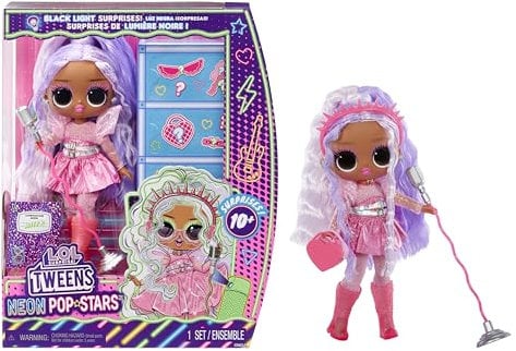 L.O.L. Surprise! Tweens Neon Pop Stars - Kitty K - 1 Muñeca de Moda, con Sorpresas Retroiluminadas y 10+ Modas y Accesorios de Estrella Pop, con Base Retro para Micrófono, para Niños +4 Años