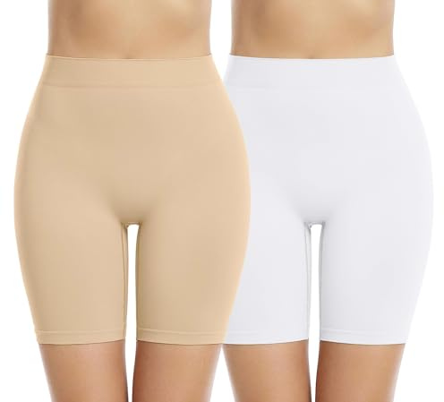 Memoryee 2 Pezzi Pantaloncini Sottogonna Donna Anti Sfregamento Elastiche Vita Alta Senza Boxer Shorts Leggings per Yoga e Ciclista/Beige/White-2Pack/M