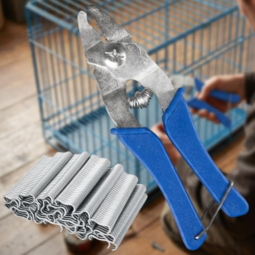 Hog Ringzange für Reparatur & Montage von Klammern - mit 1200 M-Clips | Zaunzange für Zäune Pet Käfige - Blau