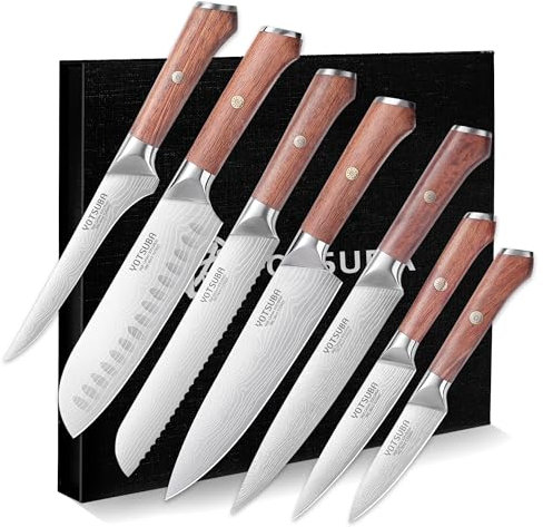 YOTSUBA Messerset Scharfes Küchenmesser Set aus hochwertigem Carbon Edelstahl Profi Kochmesser Set 7-teilig mit Scharfer Klinge, Küchenmesser mit Ergonomischem Palisanderholzgriff, Langlebiges