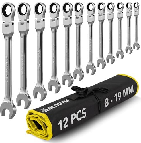 BLOSTM Lot de 12 clés mixtes à cliquet flexibles 8 à 19 mm, tête flexible à 180°, système d'engrenage à 72 dents en acier Cr-V pour bricolage et réparation, avec pochette de rangement enroulable