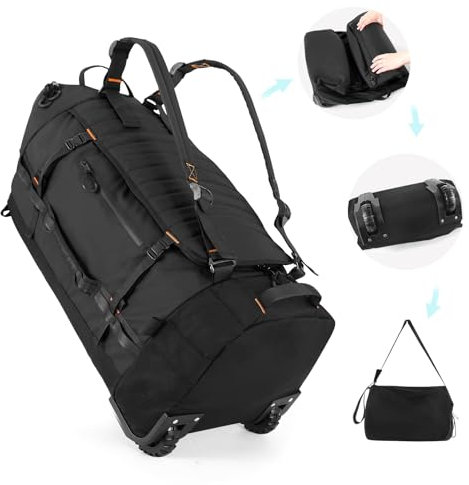Vomgomfom 86L Faltbare Reisetasche auf Rädern, Wasserdichter Rollrucksack mit Gestepptem Boden, Schwarz