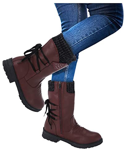 Viunychn Stiefel Damen Stiefel Westernstiefel Retro Hohe Stiefel Langschaft Stiefel Dicke Warme Lässige Halbhoch Damenstiefel Schneestiefel Halbschaft Warm Gefüttert Kniehohe