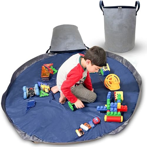 Portable Toy Storage Basket and Playmat with pocket label, 9.3 Gallon Bag, Double Zippers, Leather Handles, 60 Playmat, Bucket Basket Toy Bin for Boys & Girls, Grey