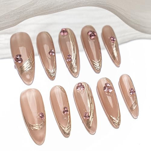 Sun&Beam Nails Handgefertigte Kunstnägel Lang Mandel Nägel zum Aufkleben in Gold Rosa Beige Ombre Strass Glänzend Design mit Klebepads 10 Stück (#187 L)