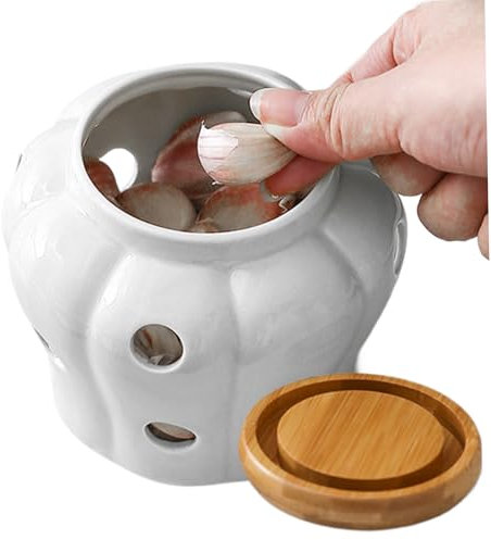 Weißer Knoblauchginger Keeper | Knoblauchtopf 4x4in entlüftete Frische Keramik Küche Knoblauchküste Große Öffnung mit Deckel Arbeitsplatte Nicht-Schlupf-Hohlhöhle Stylish Goblauchaufbewahrung (weiß)