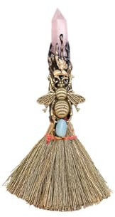 Xuoxeji Halloween Magic Broom Witches Broom Decor, Witchcraft Witches Pagan Altar Decor for Crystal Therapy Cleaning Bedroom Office Home Decor (Pink Crystal)