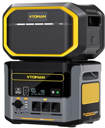 VTOMAN FlashSpeed 1000 Tragbare Powerstation 2376Wh - 1000W(Spitze 2000W) Solargenerator Paket Inklusive Zusatzbatterie, LiFePO4 Batterie 12 Ausgangsport für Camping, Notstrom