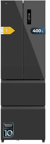 Cecotec Refrigerateur Congelateur 4 Portes Française Bolero CoolMarket Combi F2D 400 Grey Glass E. Réfrigérateur 400L, verre gris, NoFrost, MultiAirFlow, Inverter, mode ECO, bacs fruits et alarmes