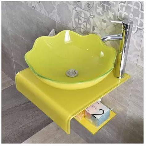 Artiz Moderne Glas Wandhalterung Waschbecken, Gehärtetes Glas Wand Hung Waschbecken Moderne Badezimmer Waschbecken Für Kleine Räume Kleines Gefäß Waschbecken Mit Chrom Wasserhahn Pop Up Drain(Gelb)
