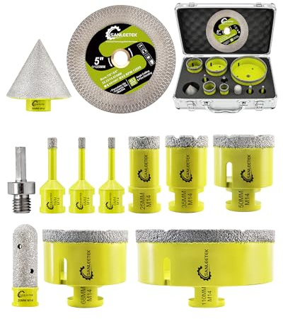SANLEETEK Foret Diamant Carrelage Kit - Scie Cloche Diamantée 12 pièces (6/6/8/25/35/50/68/110mm+20mm Fraise+50mm Mèches Chanfrein+125 Disque X+Adaptateur) pour Carrelage Céramique Porcelaine Marbre