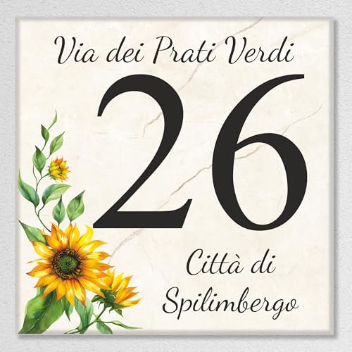 Pubblimania MATTONELLA NUMERO CIVICO PERSONALIZZATO, Con stampa GIRASOLI, in ceramica da 5 mm Resistente per esterno