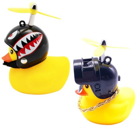 NHQZ Gummi Gelb Ente Auto Ornament, Coole Fahrradglocke Dekorationen mit Propellerhelm für Erwachsene Kinder, 2 Stück
