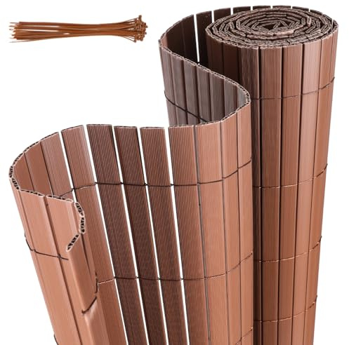 Jaxguom PVC Sichtschutzmatte, 100 x 600cm Sichtschutzzaun mit Kabelbindern, Verstärkte W-Struktur Lamellen, Wetterfester Windschutz für Balkon, Garten und Terrasse, Braun