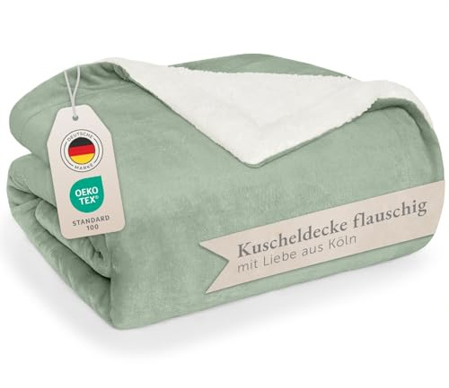 Blumtal Premium Sherpa Kuscheldecke flauschig 220x240 cm - Oeko-Tex zert. Sofa Decke mit Dicker Sherpa-Innenseite - super Flauschige Decke extra dick und wärmend - Wohn- & Kuscheldecken - Grün