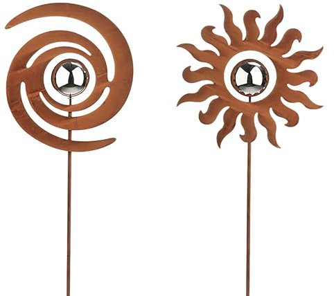 Kobolo Gartenstecker Mix Felix, 2er Set, Metall in Rostoptik, dekorative Blumenstecker mit Edelstahlkugel, sonnenförmiges Design & Spiralform für Garten, Balkon & Blumentopf