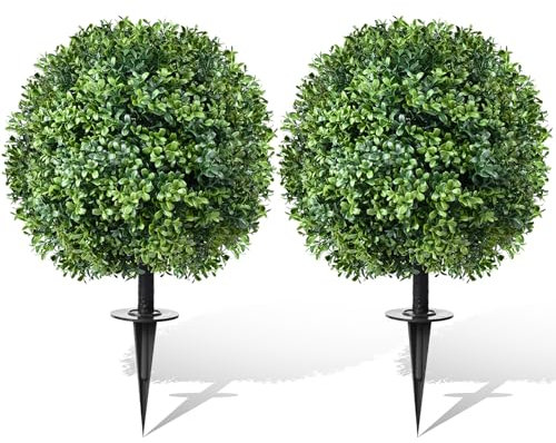 24 Artificial Topiary Boxwood Ball Tree with Ground Spike, Set of 2, UV Resistant Outside Fake Bushes Plants, Faux Cedar Balls Faux Shrubs Plastic Plants for Outdoor Indoor Front Porch Garden Decor