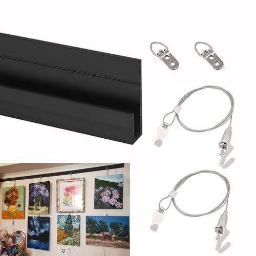 Cimaise pour Tableau Kit de Suspension pour Cadre Photo Rouge/Noir/Blanc/Argenté, Fil pour Cadre Photo avec Rail de 1,5 M de Long, Fil de Suspension pour Tableau, Supporte Jusqu'à 30 Kg(Black,4.9/