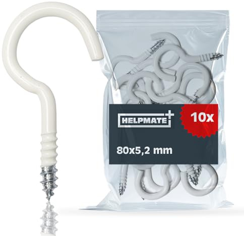 HELPMATE – Wäscheleinehaken weiß 80x5,2x26x19 mm – 10 Stück | Kunststoffbeschichteter Stahl in weiß – robuste Schraubhaken zur Befestigung von Wäscheleinen