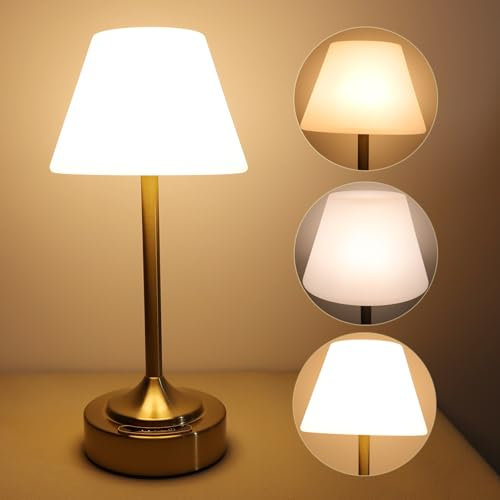 ZEONX Rechargeable Cordless Table Lamp, Battery Indicator & USB-C, Stepless Touch Dimming & 3 Color Temperatures, Waterproof Wireless Night Light for Bedroom, Bathroom, Dining, Patio (Gold)