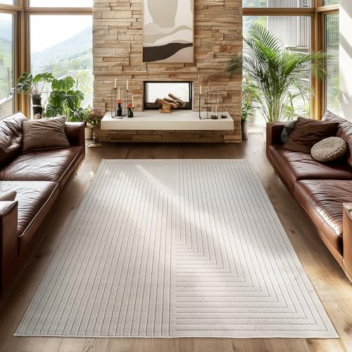 SIMPEX Outdoor Teppich Wetterfest, Wohnzimmer, Schlafzimmer, Wintergarten, Kurzflor Creme, Hoch-Tief-Effekt, weich & waschbar, Outdoor geeignet, 240x340 cm