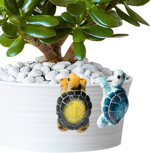 Dnoifne 2er-Set Schildkröten Blumentopf-Deko – Wetterfeste Kletterfiguren aus Resin für Töpfe, Zäune & Balkone (Gelb & Blau)