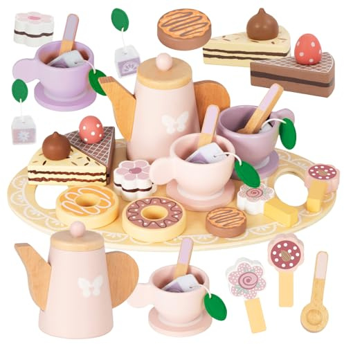 Nene Toys Holz-Teeservice für Kinder ab 2 Jahren – 18-teiliges Tee Set mit Teekanne, Tablett, Tassen & Süßigkeiten – Spielküche Zubehör, Montessori Rollenspiel, FSC® Holz – Geschenk 2–5 Jahre