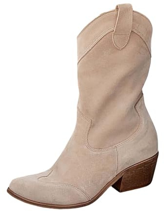 Generisch Stivali da cowboy, da donna in pelle scamosciata, da cowboy, con chiusura lampo, stile retrò, con tacco a blocco, da equitazione, da donna, beige., 36 EU