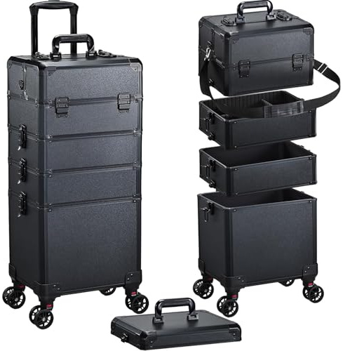 Professional 5-in-1 Vanity Case Large Makeup Case Makeup Trolley on Wheels Beauty Lockable Make Up Box Organiser Storage Hairdressing Trolley on Wheels, Black