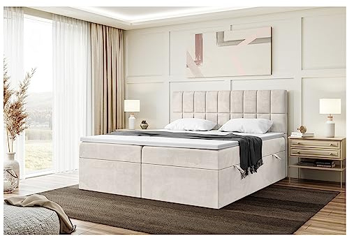 MEBLINI Boxspringbett mit Bettkasten - 200x220 - H4/Beige Samt - Lukas - Gepolstert Doppelbett mit Matratze und Topper - Polsterbett mit Stauraum - Bett mit Kopfteil - Stauraumbett