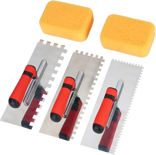 Square Notched Trowel Set, Stainless Steel Tile Trowel with Grout Sponge | 5 PCS Set, Notch Size: 4mm & 8mm & 12mm, Professional Tools for Tiling Installation