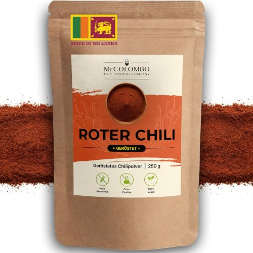 MrCOLOMBO Chilipulver geröstet 250 g, Sri Lanka | roter Chili fein gemahlen, scharf mit Röstaroma | für Curry, Chili con Carne, BBQ und Gulasch | sortenrein, vegan, glutenfrei | Ceylon Direktimport