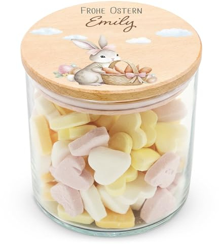 GRAVURZEILE Vorratsglas mit bedrucktem Holzdeckel - Hase mit Schleife - Personalisiert mit Name - Keksdose Bonbonglas mit Deckel als Ostergeschenk - Vorratsdose - Geschenk für Ostern - 530 ml
