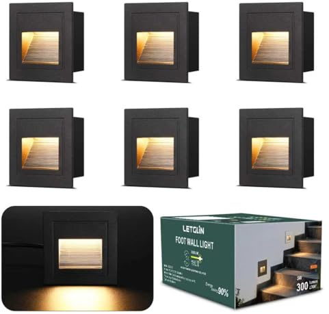 LetGlin 3W LED Treppenbeleuchtung Außen - 6er Set, 300lm 3000K LED Treppenlicht 230V, IP65 Treppenstufen Beleuchtung 85x85mm, Wandbeleuchtung Innen für Wand, Unterputzdosen 66mm, Aluminium Schwarz