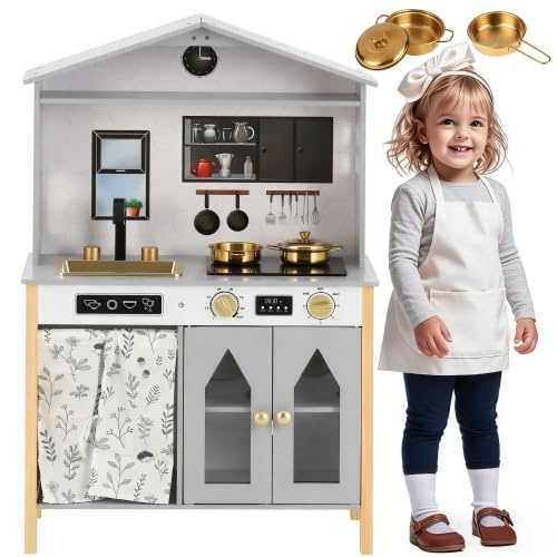 Cucina per bambini in plastica grigia con forno, piano cottura e lavello, attrezzatura base per bambini dai 3 anni in su